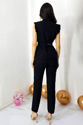 Costum elegant AmyShea, cu sacou fara maneca si pantaloni skinny, Negru spate