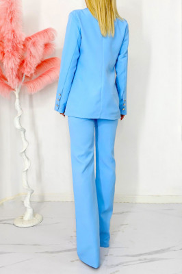 Costum elegant ZYNA, cu sacou cambrat si pantaloni evazati, Bleu spate