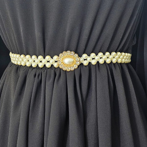 Curea elastica Pearly, catarama metalica decorativa si perle, Gold Daisy 5