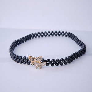 Curea elastica Pearly, catarama metalica decorativa si perle, Butterflies Negru