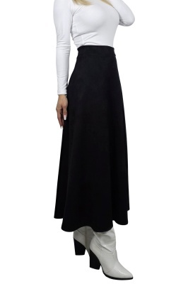 Fusta lunga catifea Tiziana, cu pliuri si croi elegant, Negru detaliu lateral