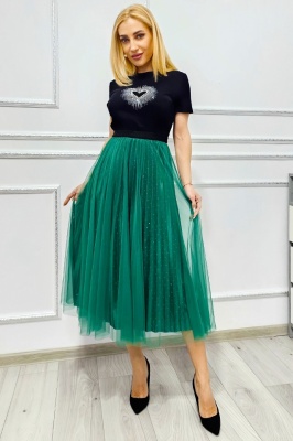 Fusta lunga eleganta TULIA, cu pliuri din voal si cristale, Verde, Marime S/M