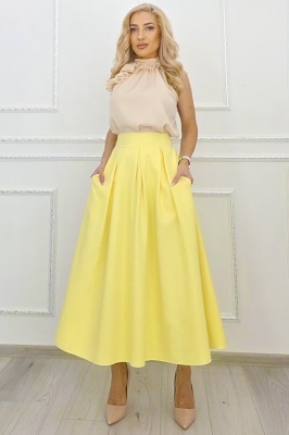 Fusta lunga evazata Mathilde, cu buzunare si pliuri, Galben, Marime S/M/L