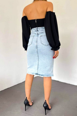 Fusta midi din denim, Tamera, cu buzunare fata/spate si crapatura frontala, Albastru  deschis1