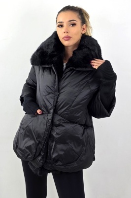 Geaca bomber, maneca tricot, NERRO, cu colturi rotunjite si guler imblanit, Negru