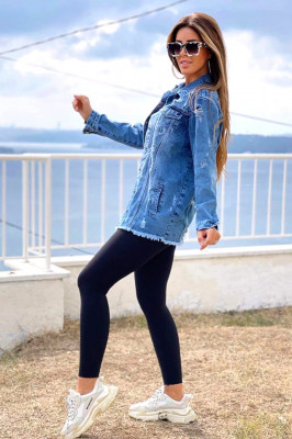 Geaca denim Betta, cu lungime medie si perforatii pe toata linia croielii, Albastru2