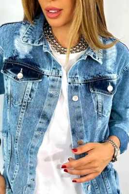 Geaca din denim SRI Lanka, cu perforatii multiple, croiala lunga si aspect prespalat 4
