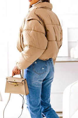 Geaca scurta 2 in 1, Twin, cu aspect matlasat si maneci detasabile, Crem, Marime S/M/L 4