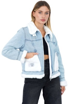 Geaca scurta din denim Renata, cu panouri din blana, Albastru deschis
