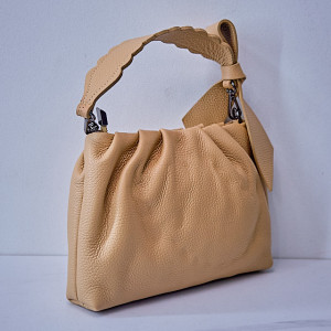 Geanta dama, UrbanElegance, din piele naturala cu fundita decorativa si detalii hobo, Crem 2