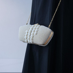 Geanta de ocazie, Opulent Style, de tip clutch, cu detalii decorative florale si perle, Crem 4