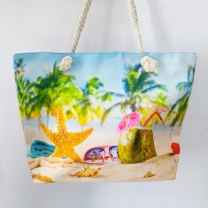 Geanta mare pentru plaja cu imprimeu de vara si manere tip sfoara, Paradise 2
