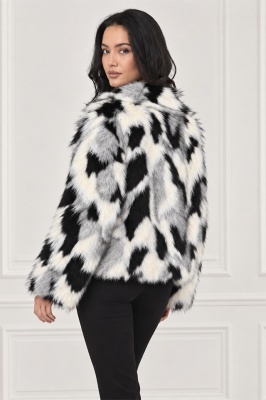 Haina animal print Ysolde din blana ecologica, cu interior satinat, Crem, Marime S/M, detaliu lateral