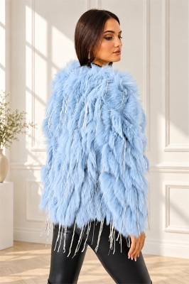 Haina eleganta Aylin, din blana naturala de vulpe, cu paiete asimetrice, Baby Blue, Marime S/M/L, detaliu spate