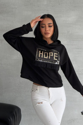 Hanorac cu gluga HOPE, emblema cu paiete si franjuri, Negru 3