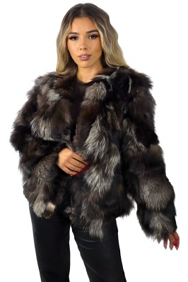 Jacheta din blana naturala de vulpe FELYNA, cu inchidere metalica, Negru/Gri, Marime S/M/L