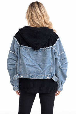 Jacheta tricotata LUREIA, cu insertii denim si gluga, Negru, Marime S/M/L, descriere spate
