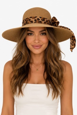 Palarie de plaja, pentru femei, ANGIE, cu boruri mari, BEJ Animal print