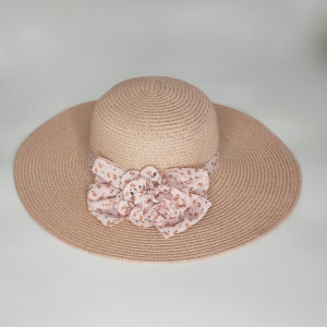 Palarie de plaja Ribbon Flower, din paie, panglica cu imprimeu si floare decorativa, Roz pal