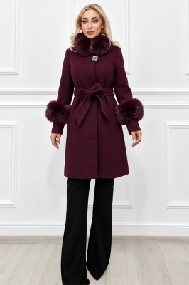 Palton dama VELORIA cu blanita detasabila, cordon si brosa decorativa, Burgundy