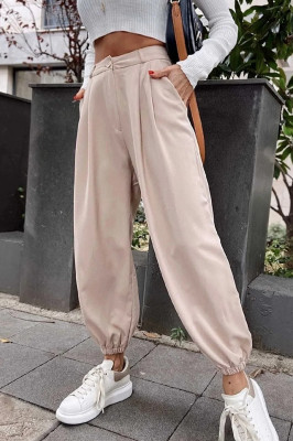 Pantaloni bufanti Tomas, cu talie inalta si pense ample, Crem 4