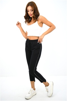 Pantaloni dama FlexLine, cu dunga in relief si lungime asimetrica, Negru 1