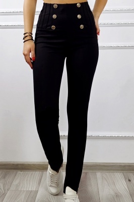 Pantaloni de dama ZORY, cu butoni si croi slim fit, Negru detaliu pantaloni