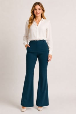 Pantaloni eleganti, Katte, croiala slim evazata si talie inalta, Verde petrol