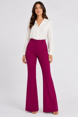 Pantaloni eleganti, Katte, croiala slim evazata si talie inalta, Violet