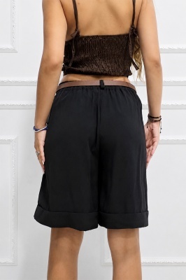 Pantaloni eleganti midi PERYS, cu talie elastica si curea, NEGRU, Marime universala