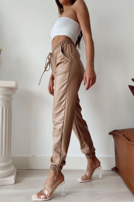 Pantaloni Jezebel, din piele ecologica, cu talie inalta si snur, Crem1