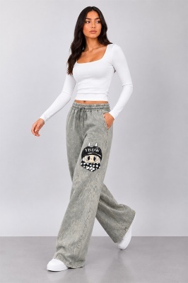 Pantaloni lungi cu aspect catifea Valentinea, cu imprimeu si banda elastica, Gri deschis