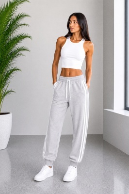 Pantaloni lungi de damă ZINNIA, cu benzi laterale si snur, GRI