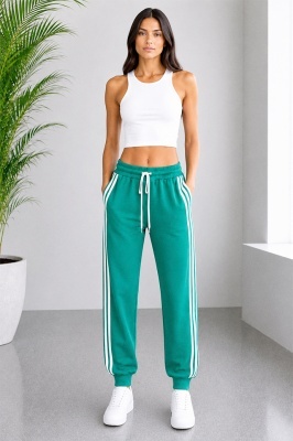 Pantaloni lungi de damă ZINNIA, cu benzi laterale si snur, Verde