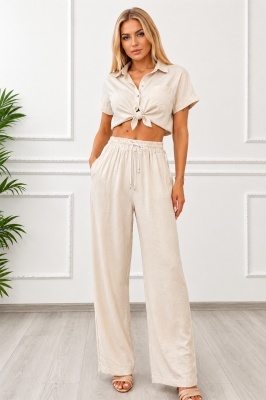Pantaloni lungi, texturati Marietta, cu snur in talie, CREM