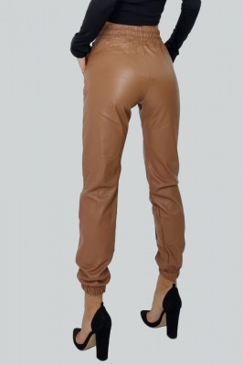 Pantaloni Marelli, din piele ecologica, cu talie inalta si snur reglabil, Crem2