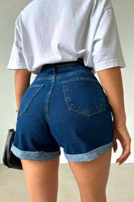 Pantaloni scurti de blugi Mika, cu manseta, croiala mom slimfit si buzunare practice, Albastru inchis 1