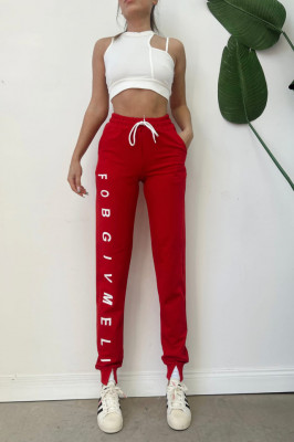 Pantaloni sport FOB, din bumbac, mansete elastice cu taieturi stilizate la extremitati, Rosu1