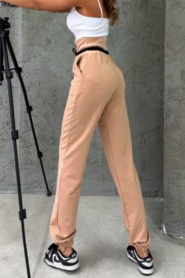 Pantaloni sport Frank, cu snur stilizat, logo si talie elastica oversize, Crem 2