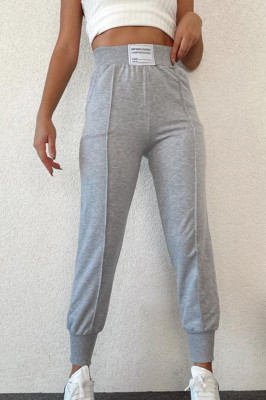 Pantaloni sport Janina, din bumbac, cu talie inalta si mansete elastice, Gri