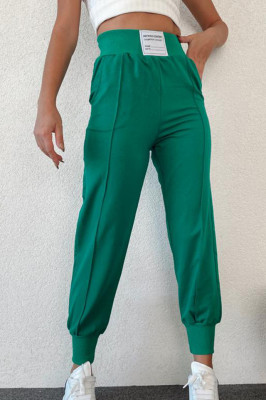 Pantaloni sport Janina, din bumbac, cu talie inalta si mansete elastice, Verde