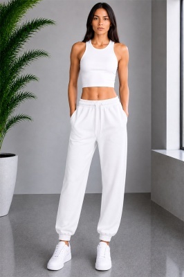 Pantaloni sport Lorenza, cu snur si mansete elastice, Alb
