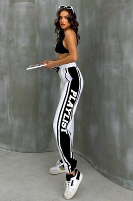 Pantaloni sport Playlist, cu imprimeu bicolor si banda elastica, Alb 4