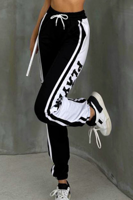 Pantaloni sport Playlist, cu imprimeu bicolor si banda elastica, Negru 1