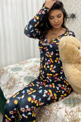 Pijama lunga tip salopeta Vicky, cu maneca lunga, inchidere cu nasturi si imprimeuri diverse, colorate, Black Mice1