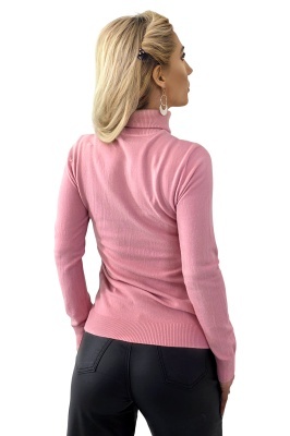 Pulover accesorizat din casmir si lana, PATY Roll, cu guler rulat, Roz, Marime S/M detaliu spate