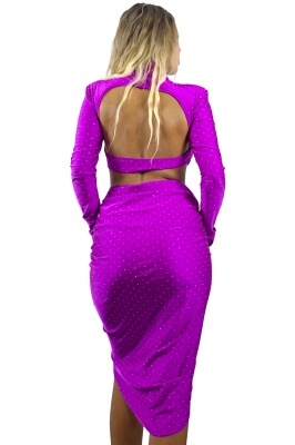 Rochie asimetrica, decupata NYVARA, guler inalt si spatele gol, Fucsia, Marime S/M detalii spate
