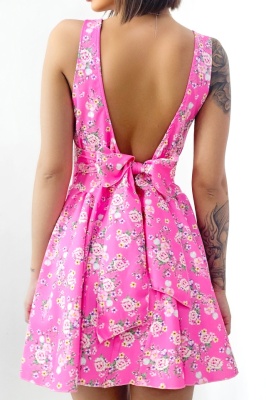 Rochie babydoll MARA, cu funda la spate si imprimeu floral, Roz, Marime S/M/L spate
