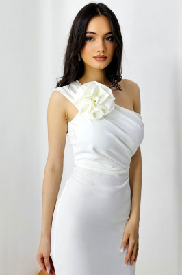Rochie bandage de seara, ILona, cu detaliu floral detasabil, Alb, Marime S/M 1