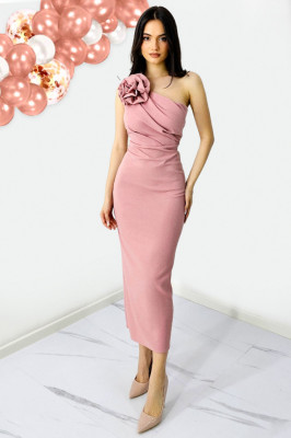 Rochie bandage de seara, ILona, cu detaliu floral detasabil, Peach Fuzz, Marime S/M